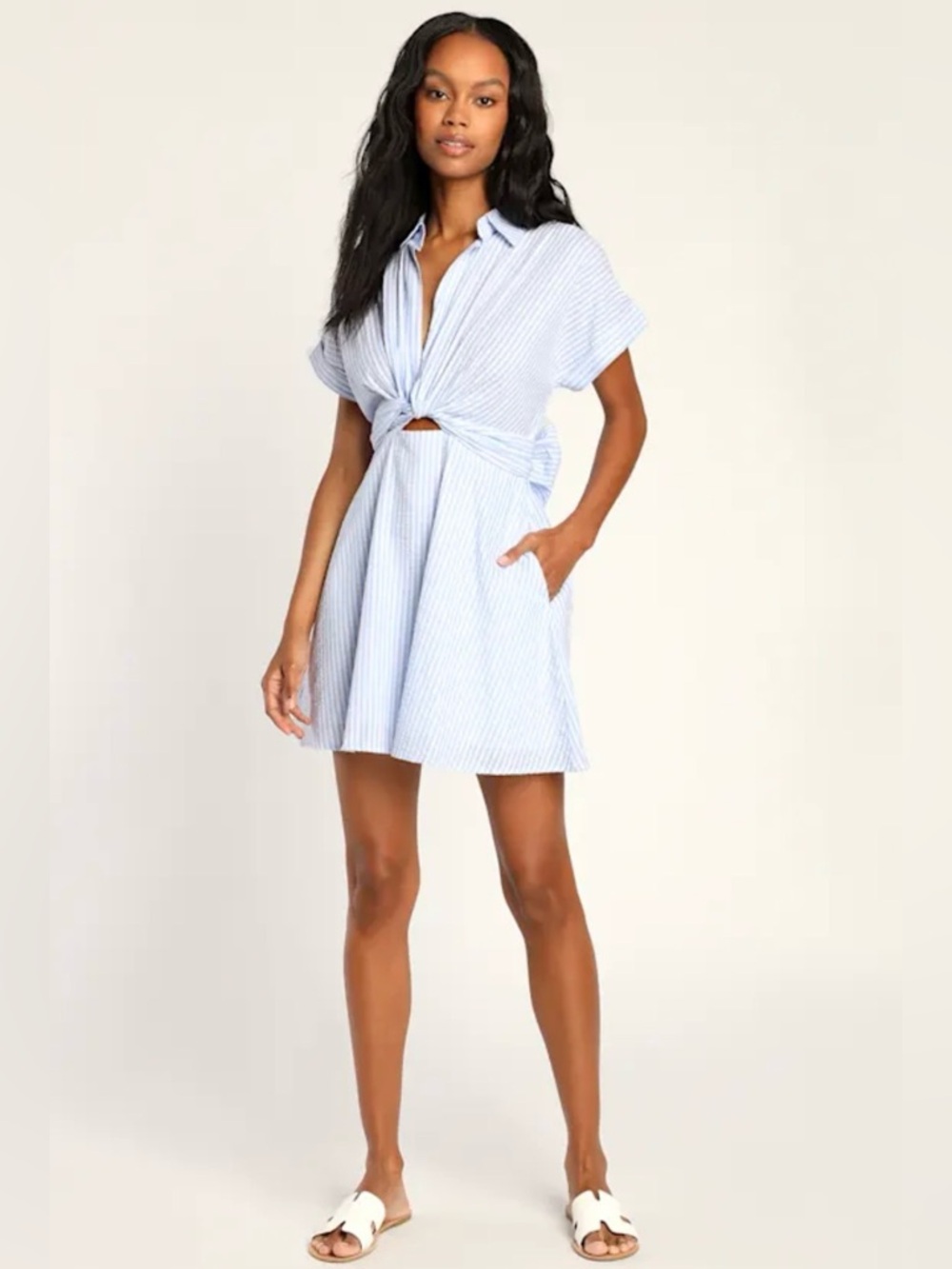 Lulus Breeze By Blue Seersucker Tie-Front Mini Dress With Pockets